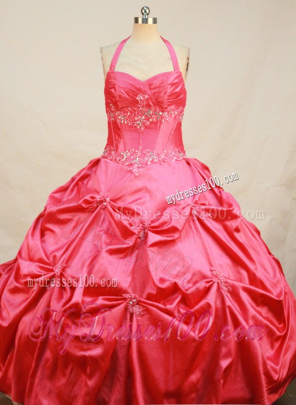 Ball Gown Halter Top Coral Red Sweet 15 Dresses with Appliques and Pick-ups