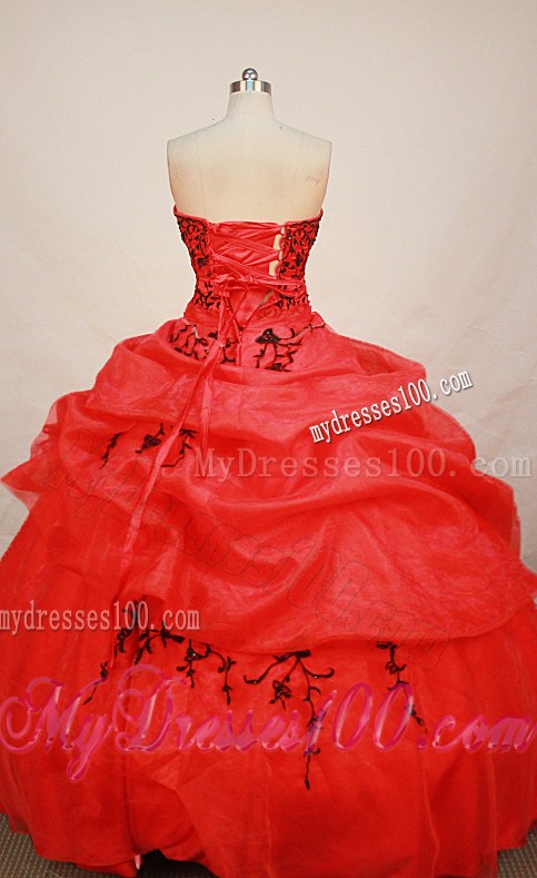 Affordable Red Strapless Floor-length Embroidery Sweet 15 Dress
