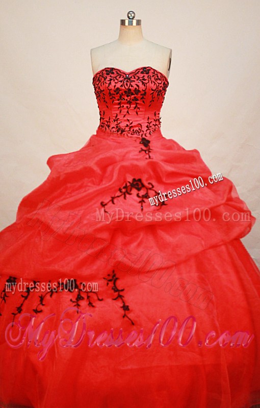 Affordable Red Strapless Floor-length Embroidery Sweet 15 Dress