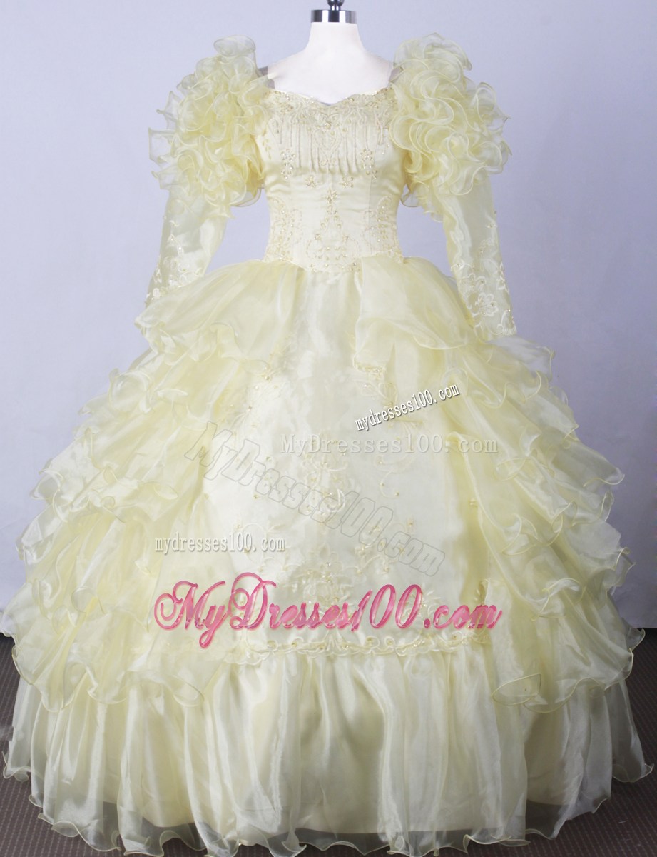 Yellow Scoop Neck Ruffled Quinceanera Dress with Long Sleeves