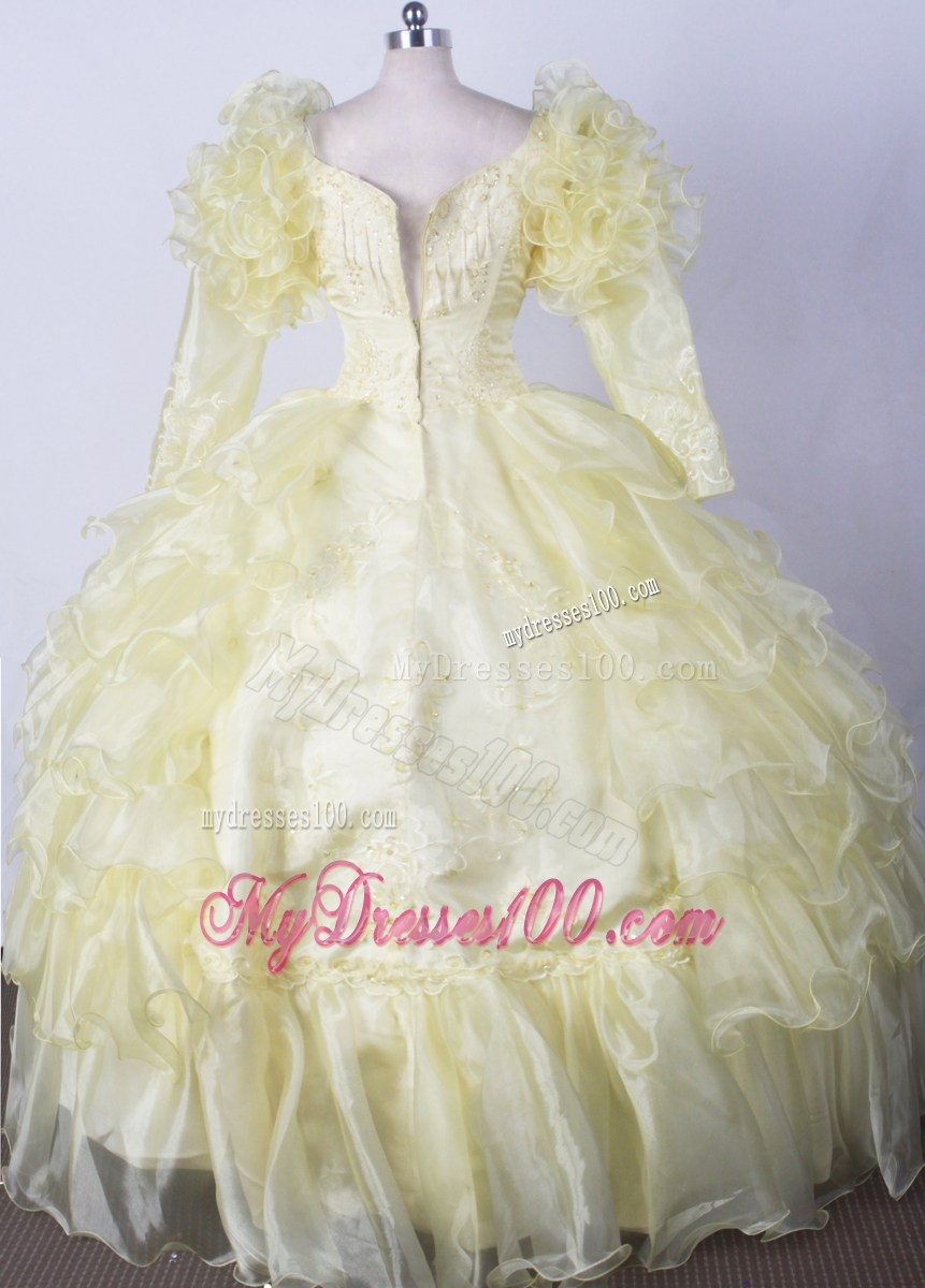 Yellow Scoop Neck Ruffled Quinceanera Dress with Long Sleeves