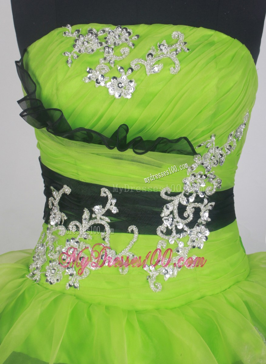 Appliqued Spring Green and Black Quiceanera Dress with Layers