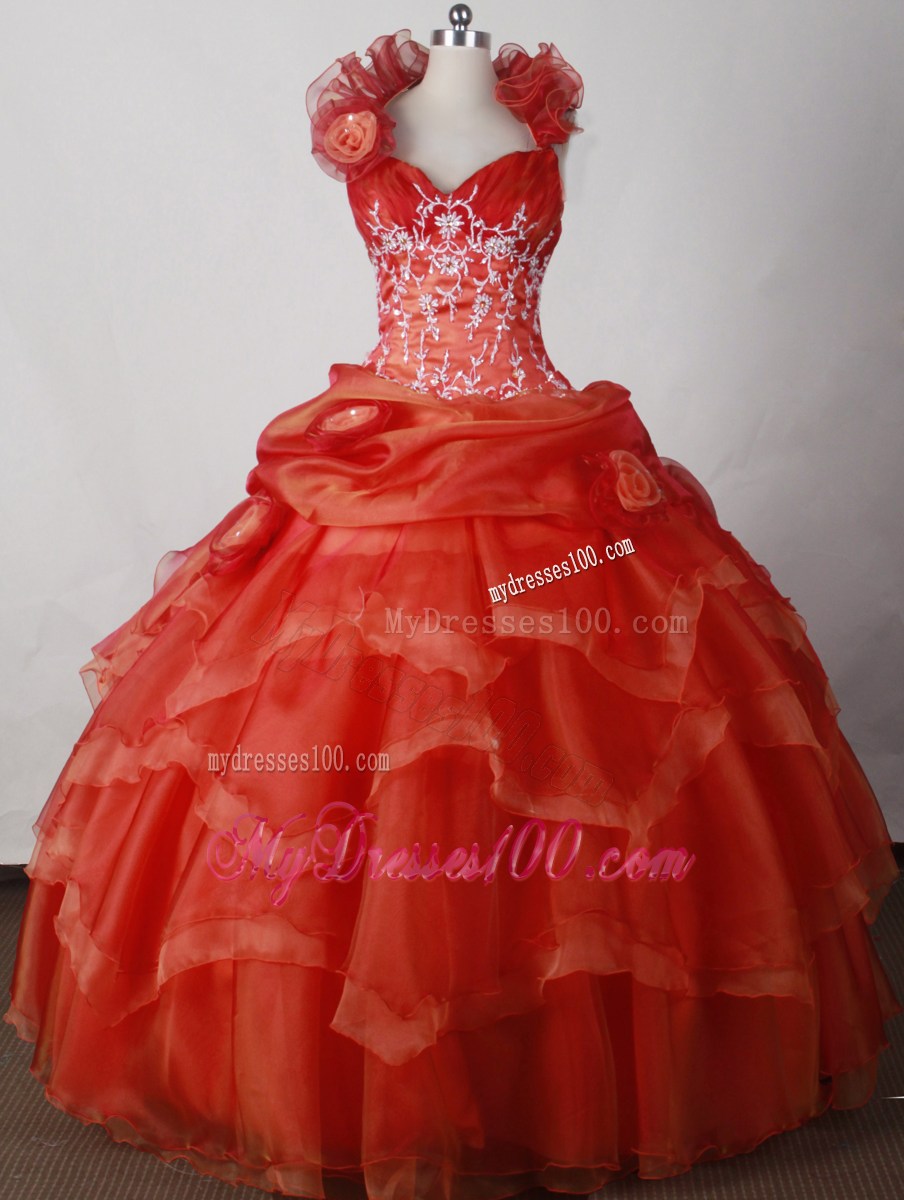 Flowers Halter Embroidery and Layers Red Quinceanera Dress