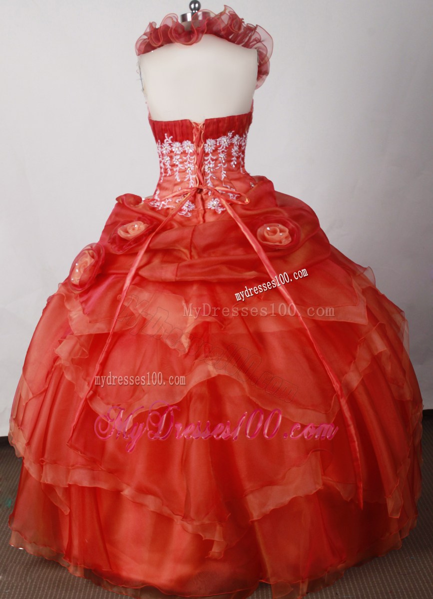Flowers Halter Embroidery and Layers Red Quinceanera Dress