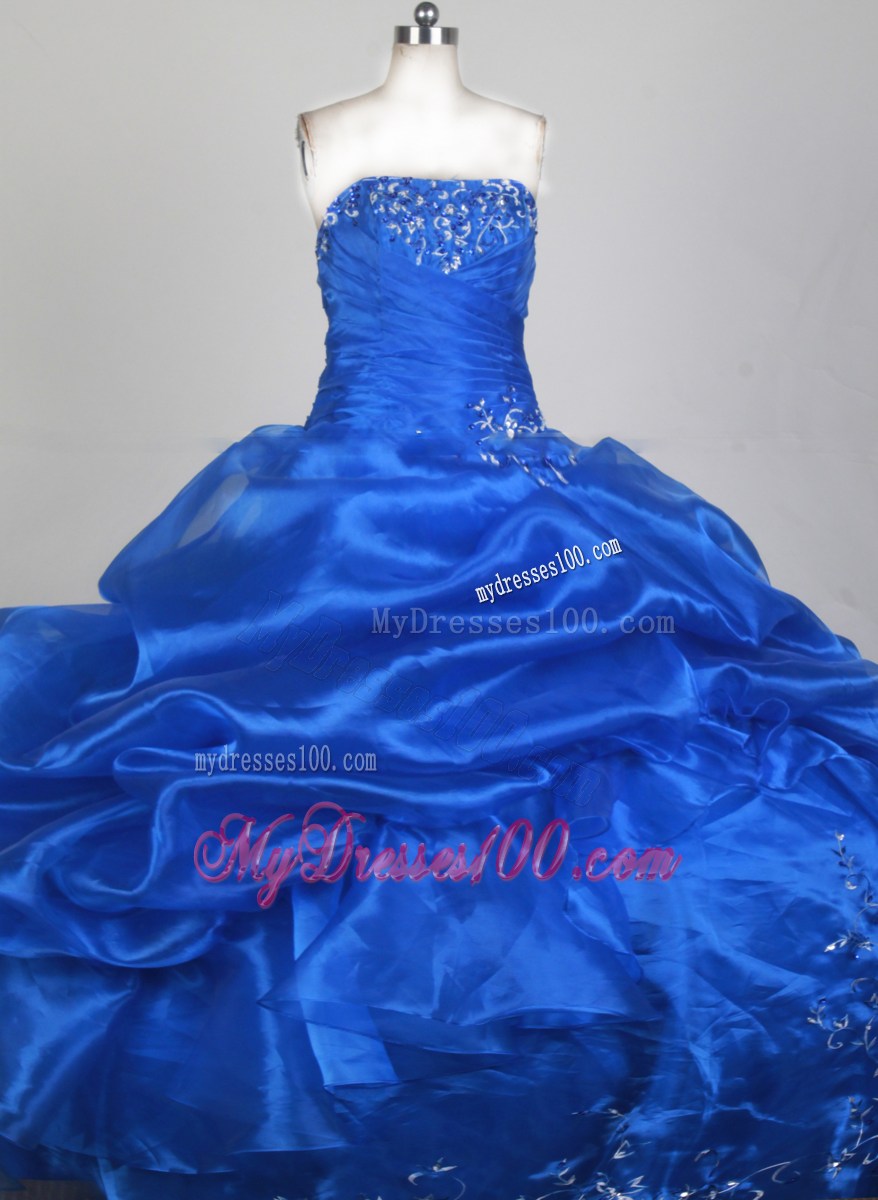 Classy Blue Strapless Ruches and Embroidery Quinceanera Gowns