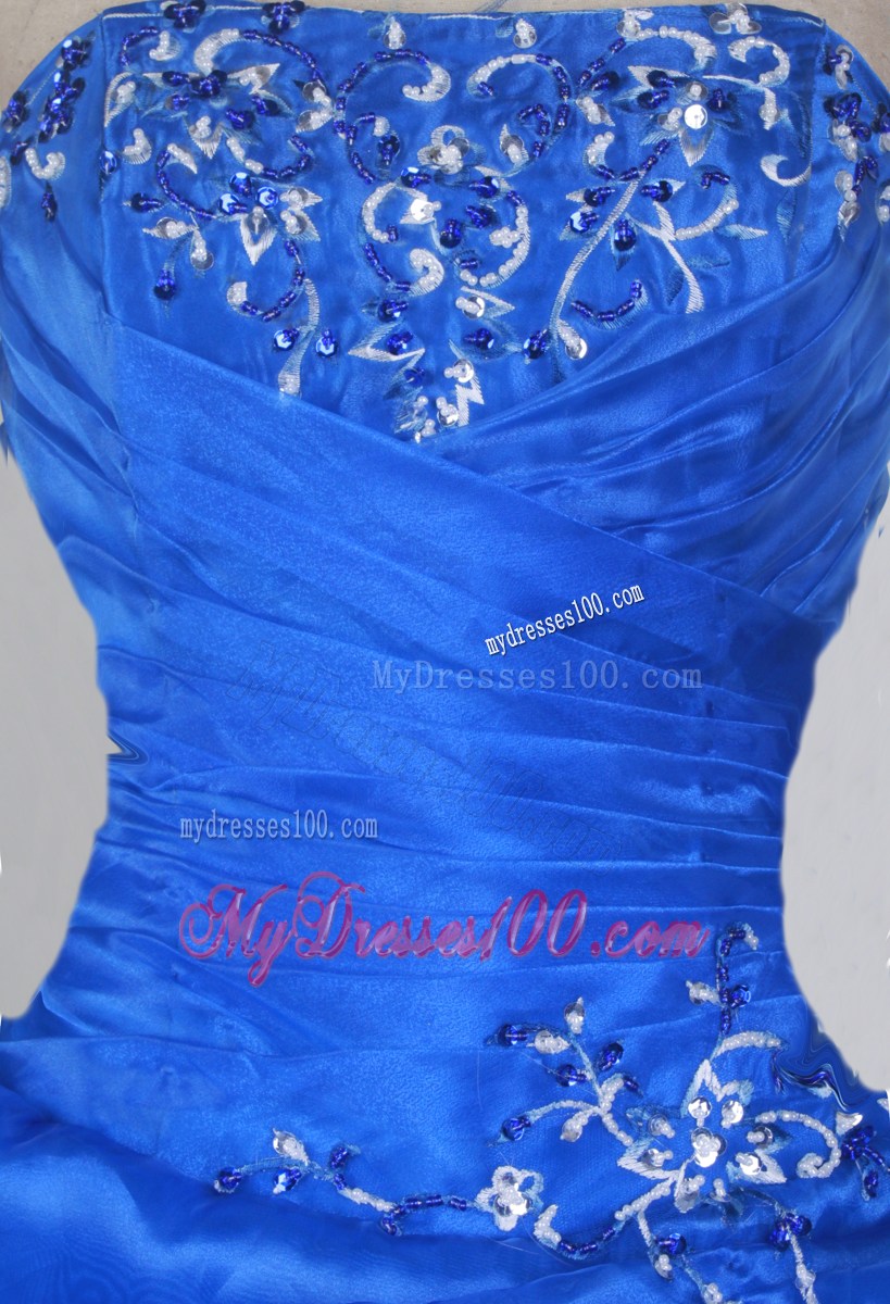 Classy Blue Strapless Ruches and Embroidery Quinceanera Gowns