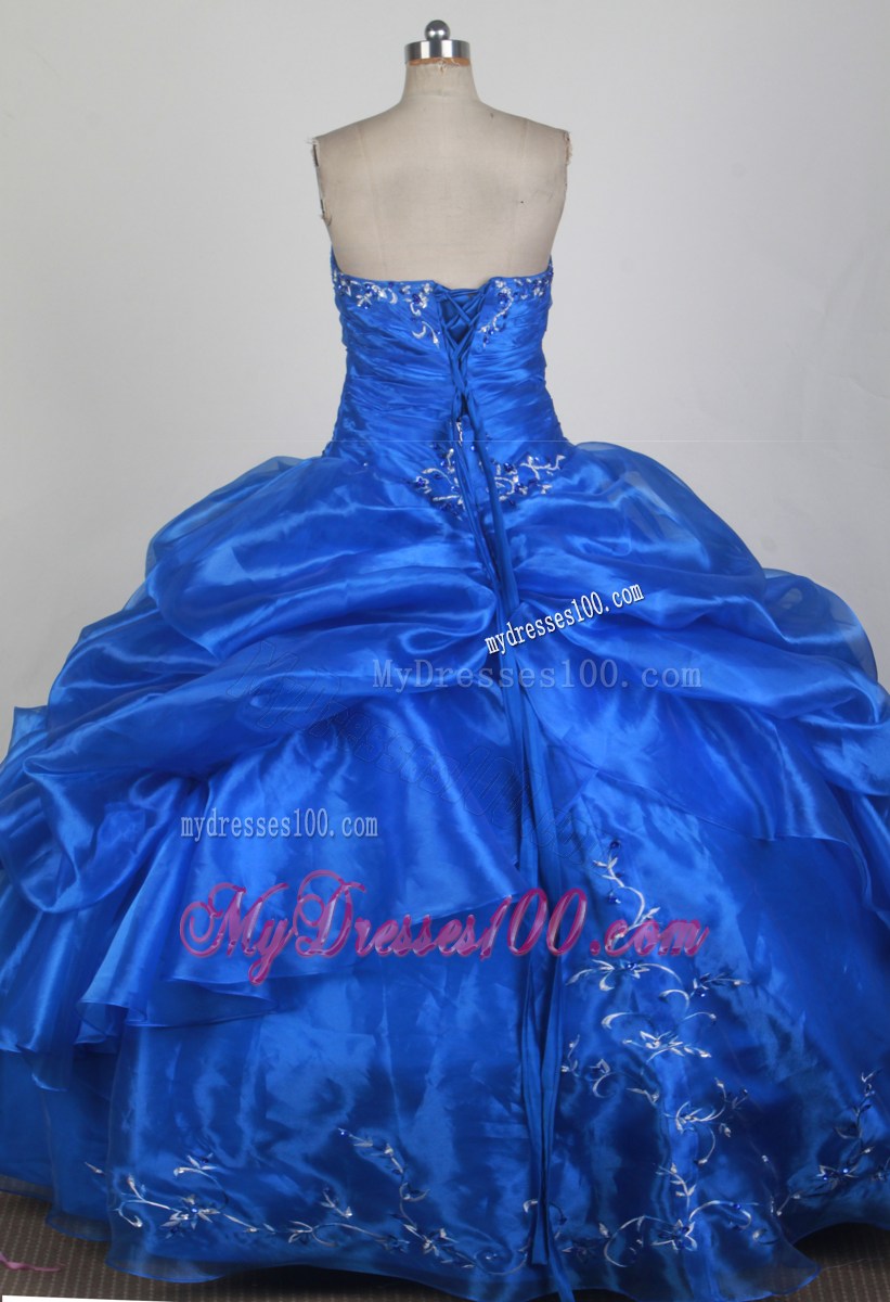 Classy Blue Strapless Ruches and Embroidery Quinceanera Gowns