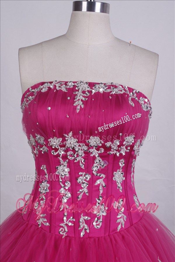 Hot Pink Ball Gown Quinceanera Dresses with Rhinestones and Lace Hem