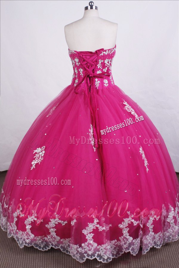 Hot Pink Ball Gown Quinceanera Dresses with Rhinestones and Lace Hem