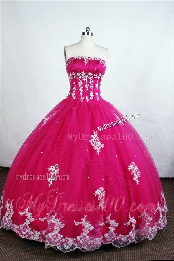 Hot Pink Ball Gown Quinceanera Dresses with Rhinestones and Lace Hem