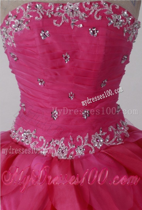 Beaded and Ruched Bodice Hot Pink Dresses 16 with Petal Layers