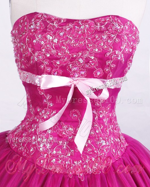 2013 Appliques with Bowknot Strapless Fuchsia Quinceanera Dress