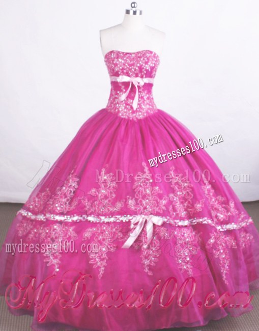 2013 Appliques with Bowknot Strapless Fuchsia Quinceanera Dress