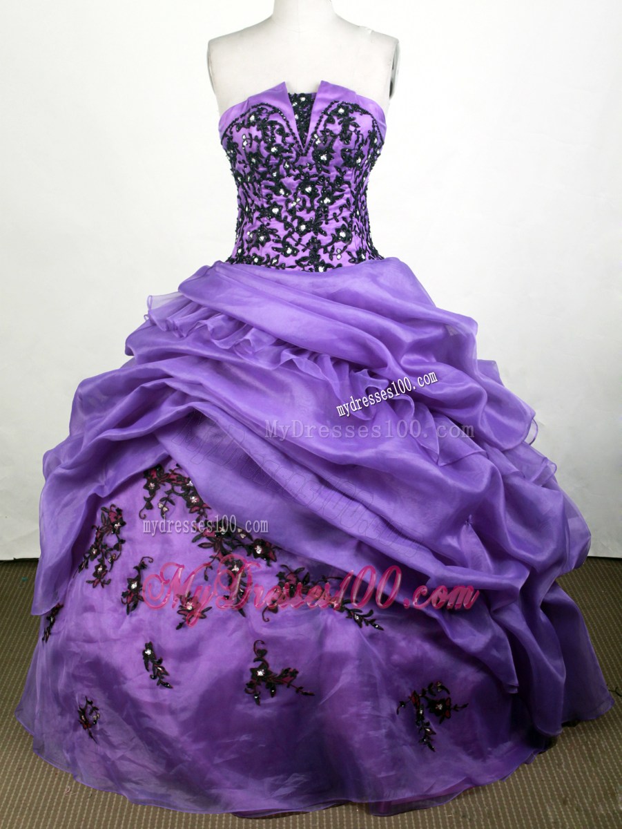 Showy Purple Strapless Appliques Ball Gown Quinceanera Dress