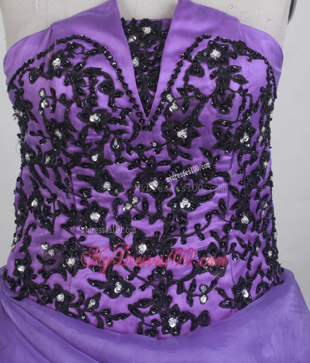 Showy Purple Strapless Appliques Ball Gown Quinceanera Dress