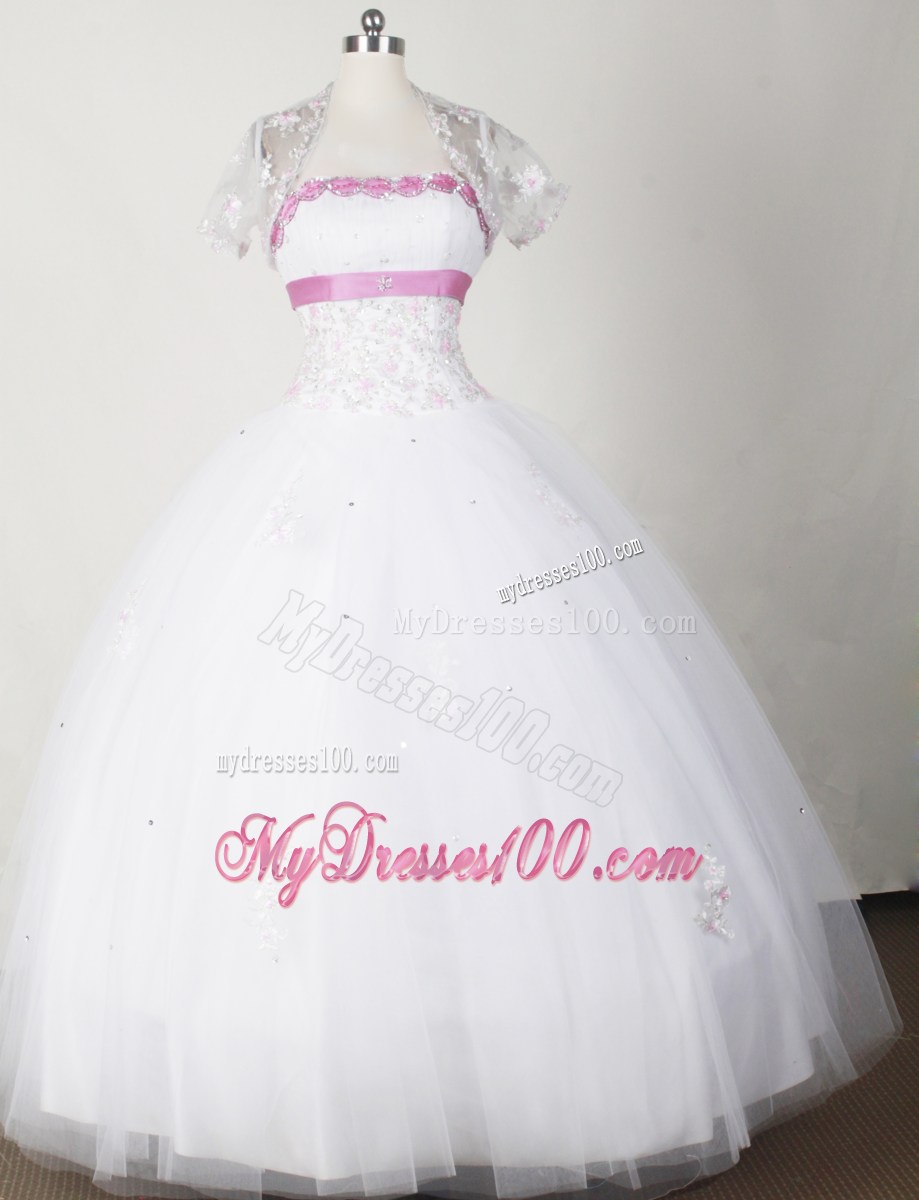 Beautiful Strapless Beaded White Quinceanera with Lace Jacket