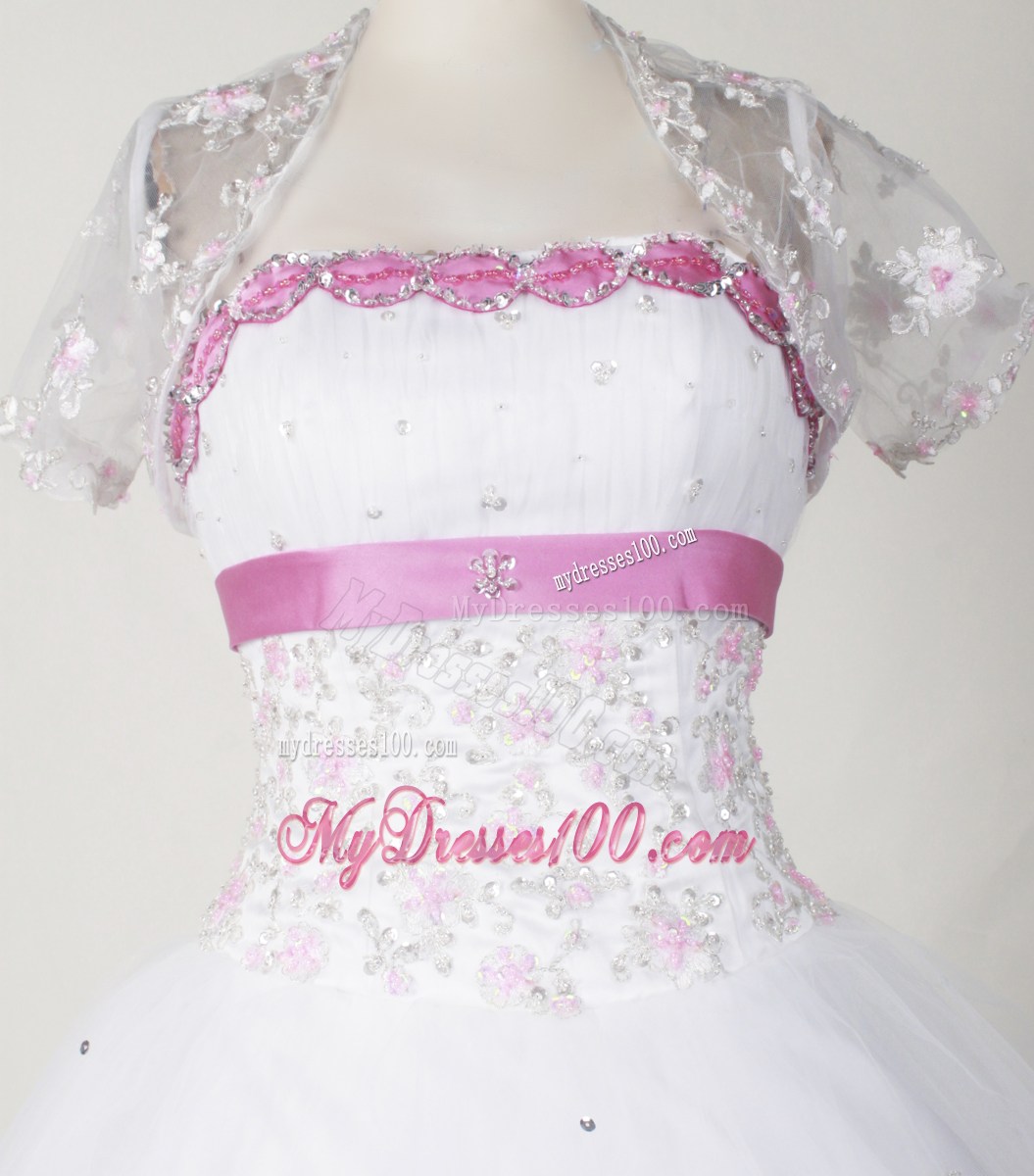 Beautiful Strapless Beaded White Quinceanera with Lace Jacket