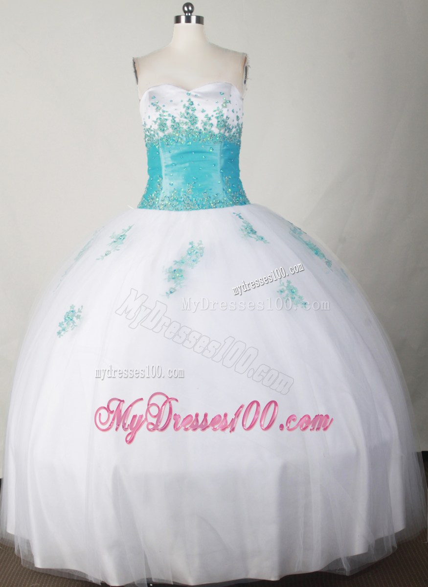 White Ball Gown with Beaded Aqua Bust Strapless Sweet 15 Dress