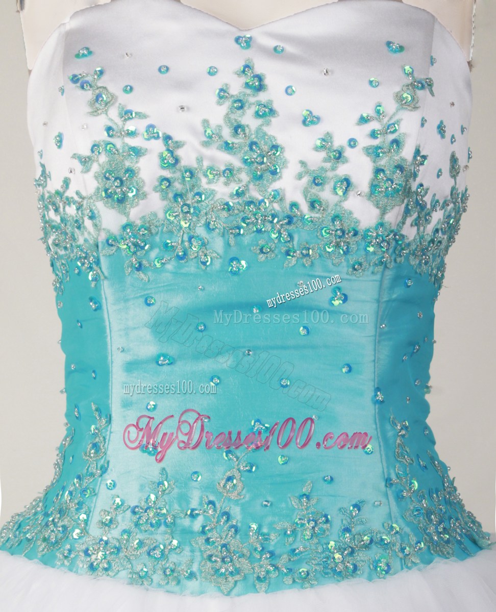 White Ball Gown with Beaded Aqua Bust Strapless Sweet 15 Dress