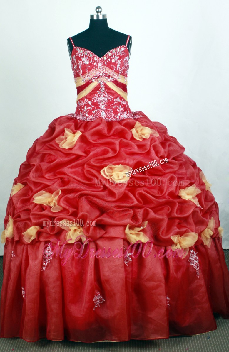 Red Organza Spaghetti Straps Appliques Quinceanera Dress