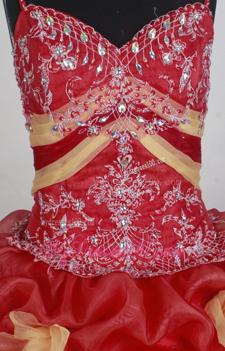 Red Organza Spaghetti Straps Appliques Quinceanera Dress