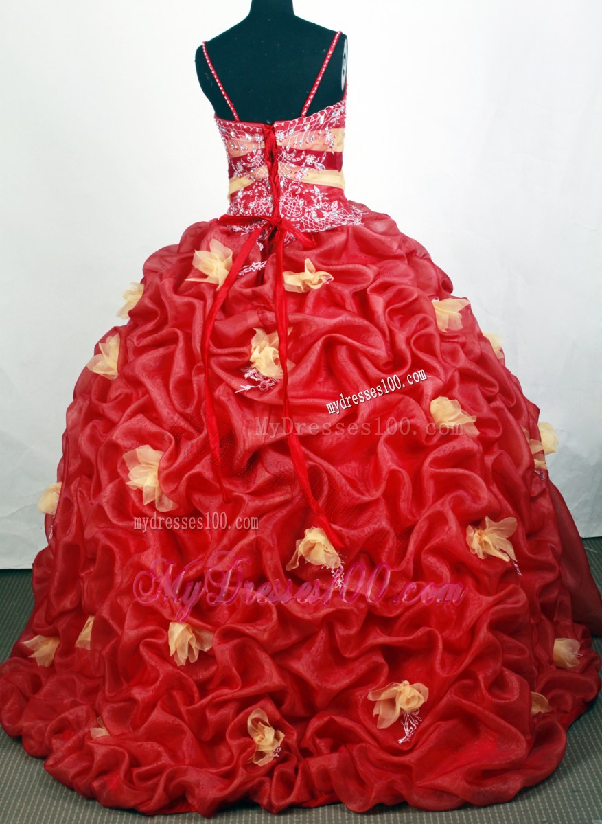 Red Organza Spaghetti Straps Appliques Quinceanera Dress