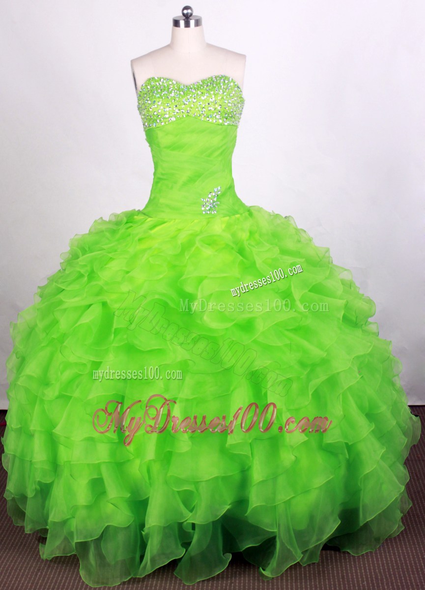 2013 Spring Sweetheart Beading Ruffles Spring Green Quinceanera Dress