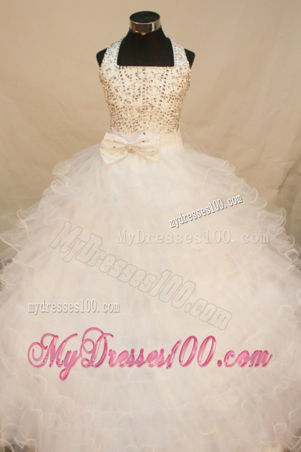 Beautiful Halter Top Beading Decorated White Quinceanera Gown