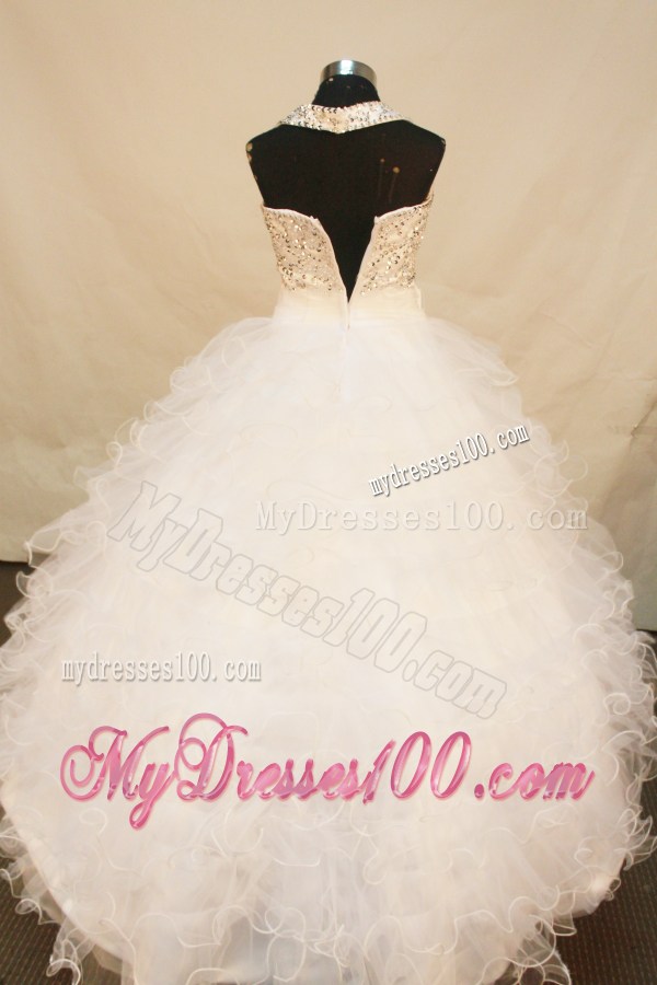 Beautiful Halter Top Beading Decorated White Quinceanera Gown
