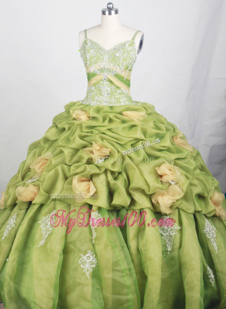 Straps Green and Yellow Quinceanera Dress with Pick-ups and Flowers