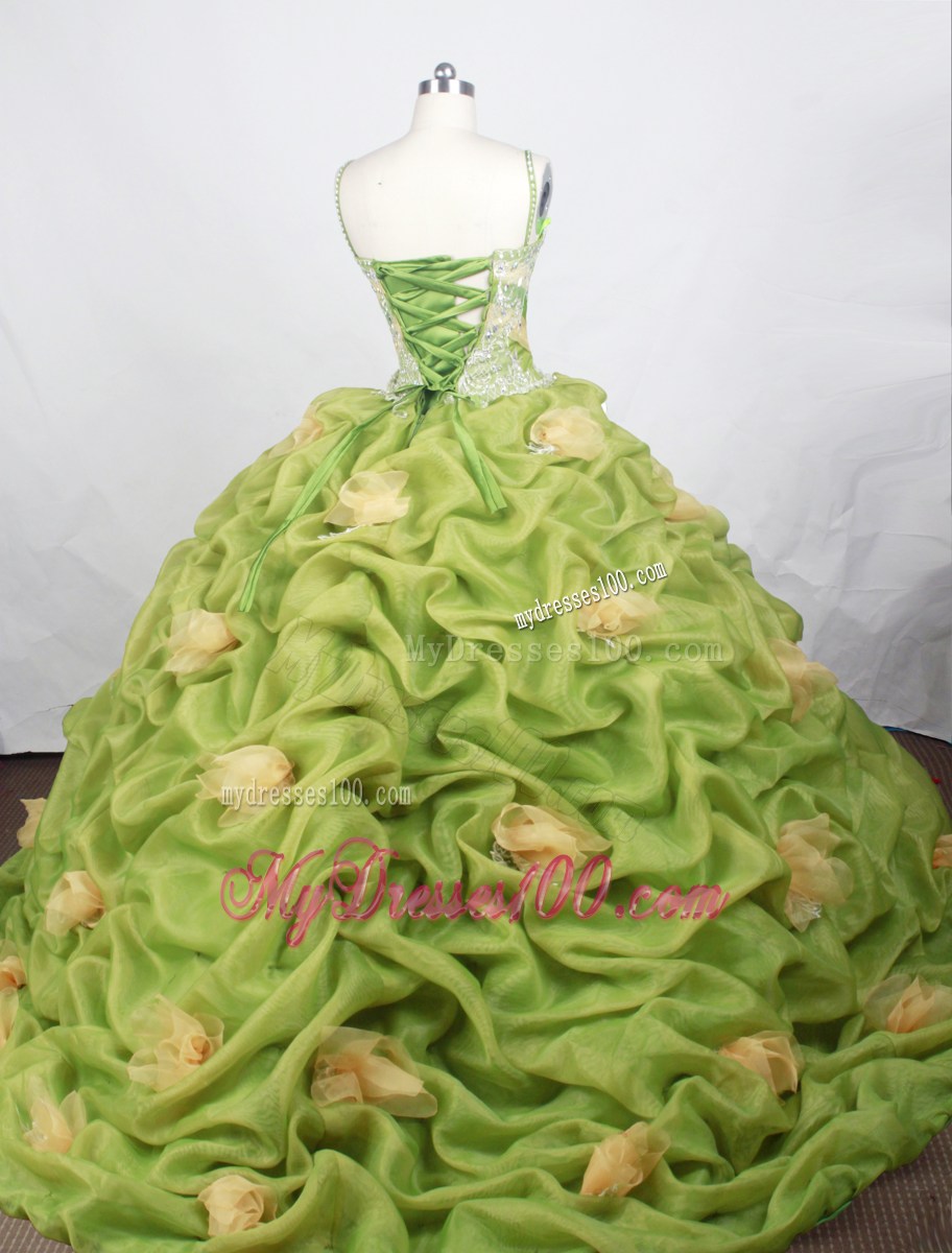 Straps Green and Yellow Quinceanera Dress with Pick-ups and Flowers