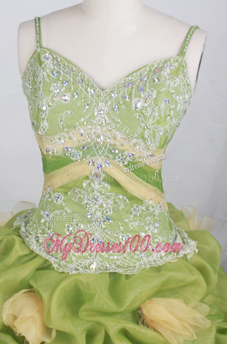 Straps Green and Yellow Quinceanera Dress with Pick-ups and Flowers