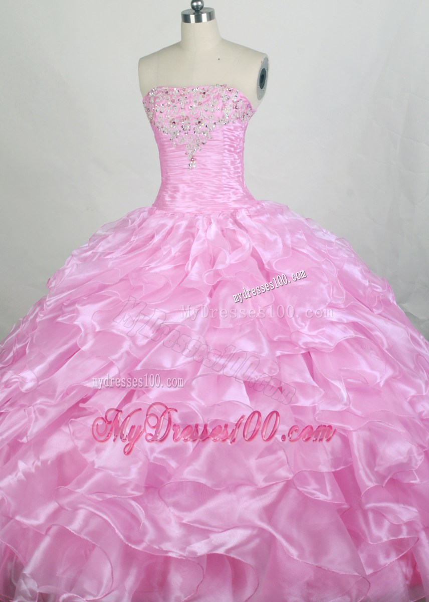Ruched Waist Baby Pink Organza Ruffled Dress for Quinceanera