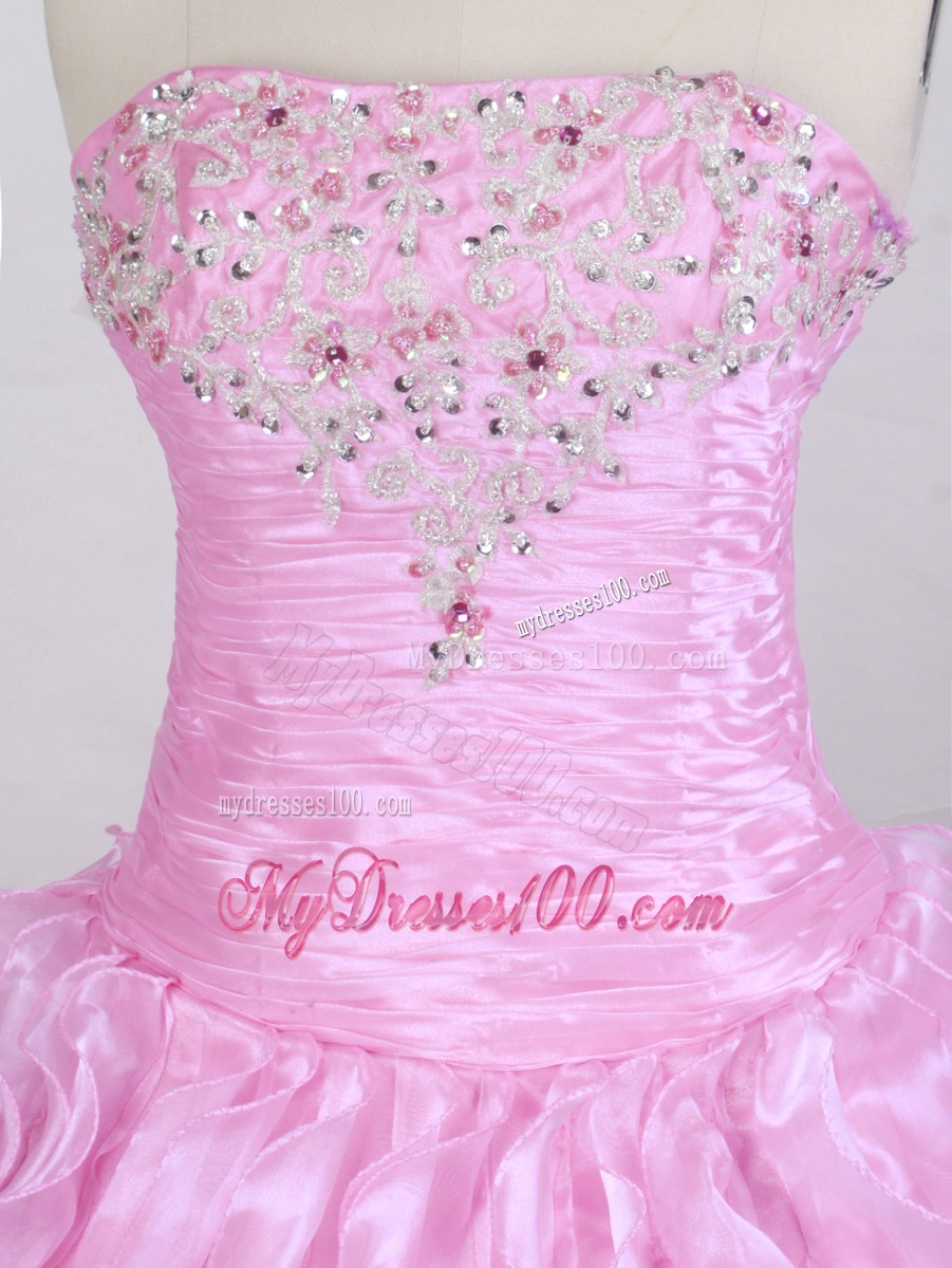 Ruched Waist Baby Pink Organza Ruffled Dress for Quinceanera