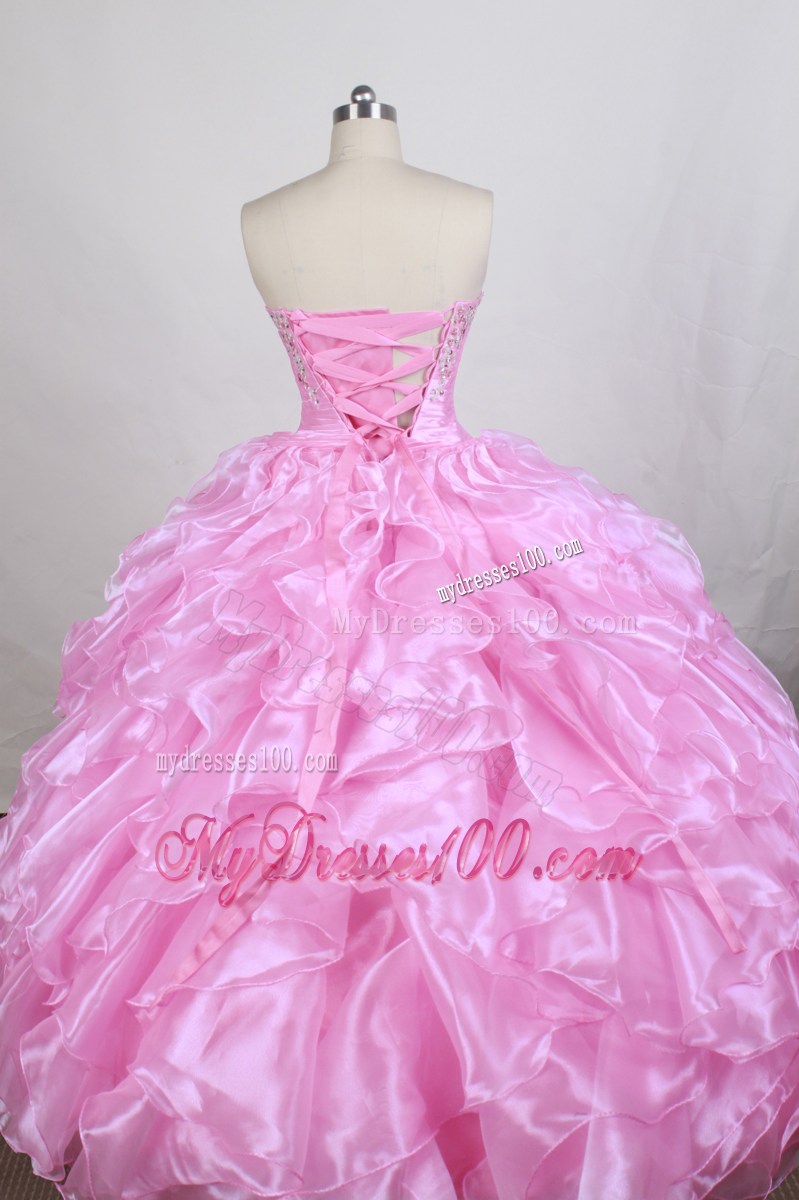 Ruched Waist Baby Pink Organza Ruffled Dress for Quinceanera
