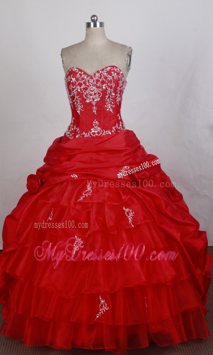 Embroidery Ruffled Layers Chapel Train Beaded Red Quinceanera Dress