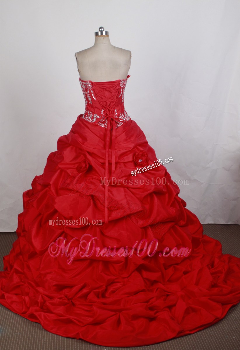 Embroidery Ruffled Layers Chapel Train Beaded Red Quinceanera Dress