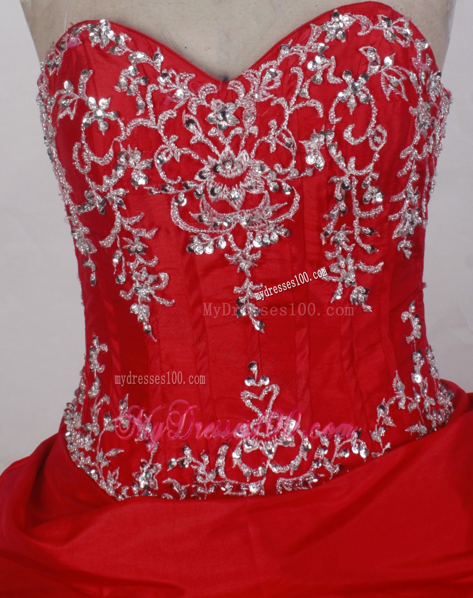 Embroidery Ruffled Layers Chapel Train Beaded Red Quinceanera Dress