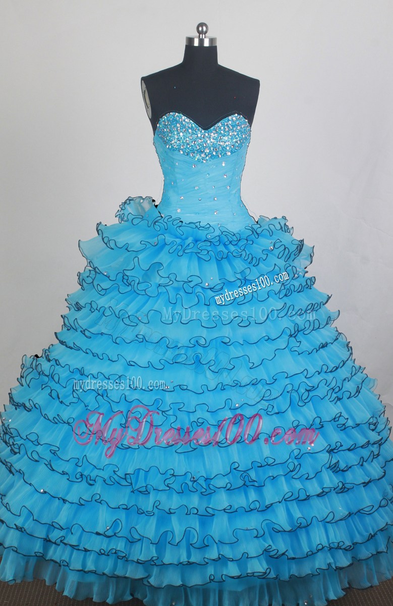 Beautiful Beaded Aqua Blue Quinceanera Dress with Frilly Layers