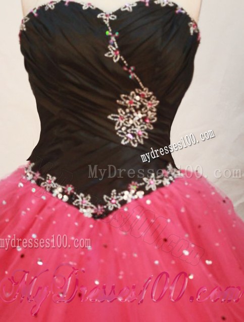 Hot Pink and Black Dress for Sweet 15 with Paillette Appliques