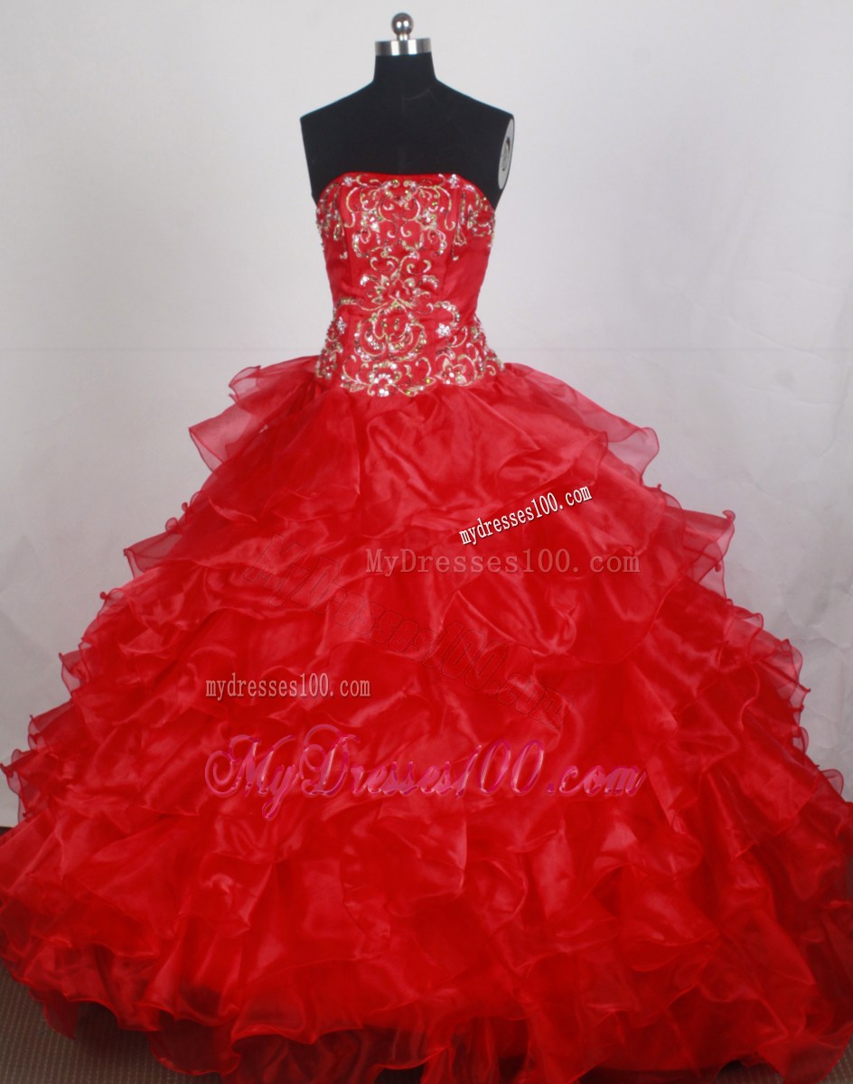 Beaded Embroidery Accent Bodice Red Quinceanera Dress with Layered Ruffles