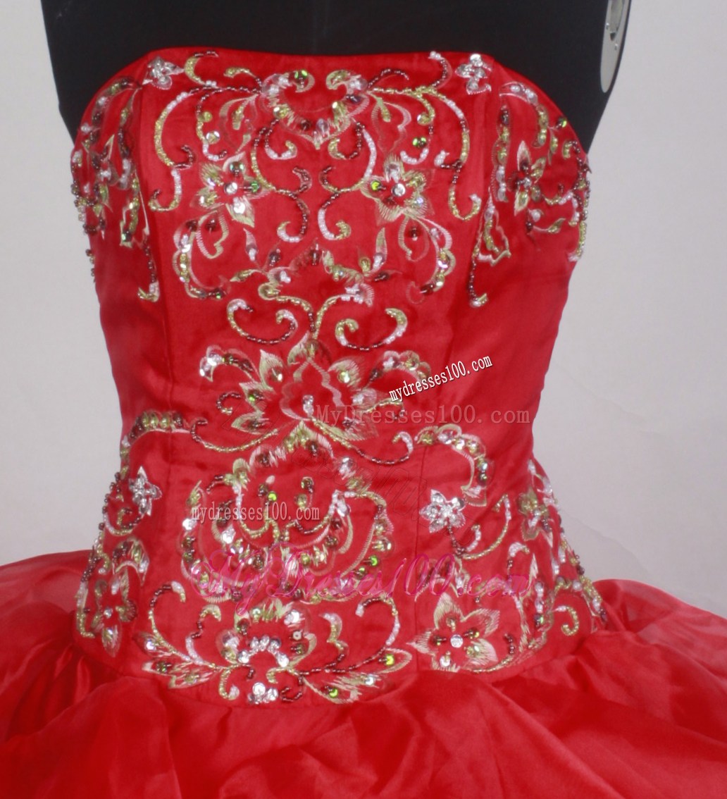 Beaded Embroidery Accent Bodice Red Quinceanera Dress with Layered Ruffles