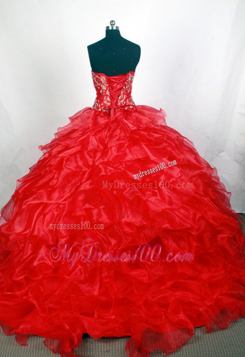 Beaded Embroidery Accent Bodice Red Quinceanera Dress with Layered Ruffles