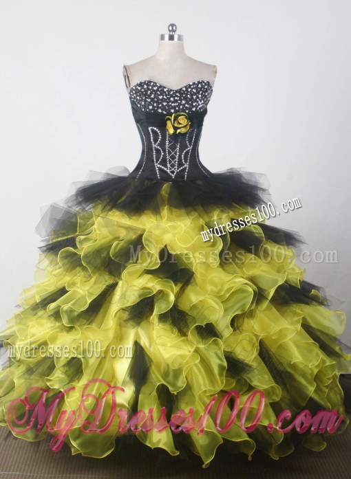 Yellow and Black Ball Gown Ruffled and Beaded Quinceanera Dresses
