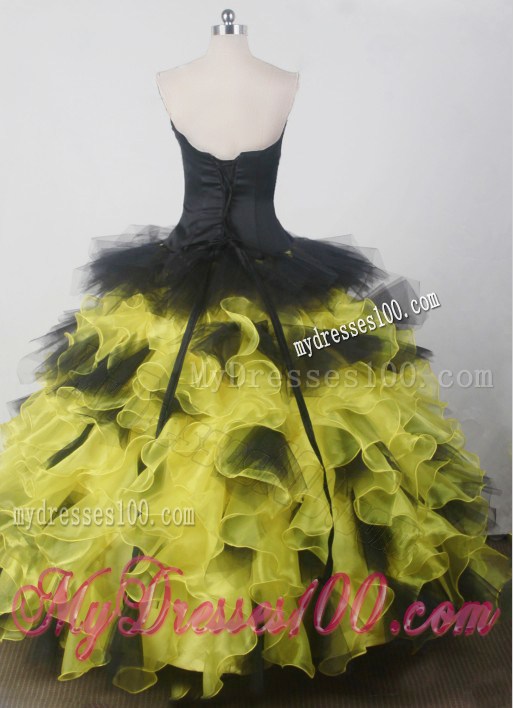 Yellow and Black Ball Gown Ruffled and Beaded Quinceanera Dresses