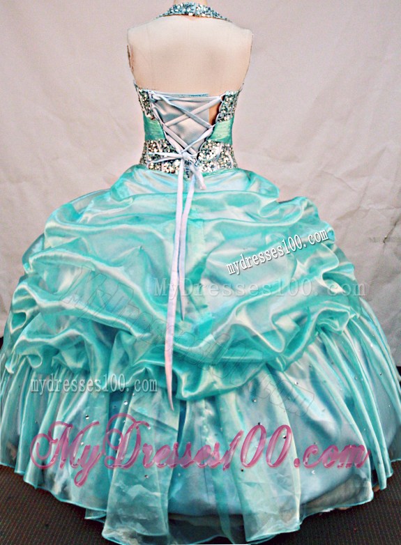 Light Blue Halter Top Quinceanera Party Dress with Pick-ups and Beading