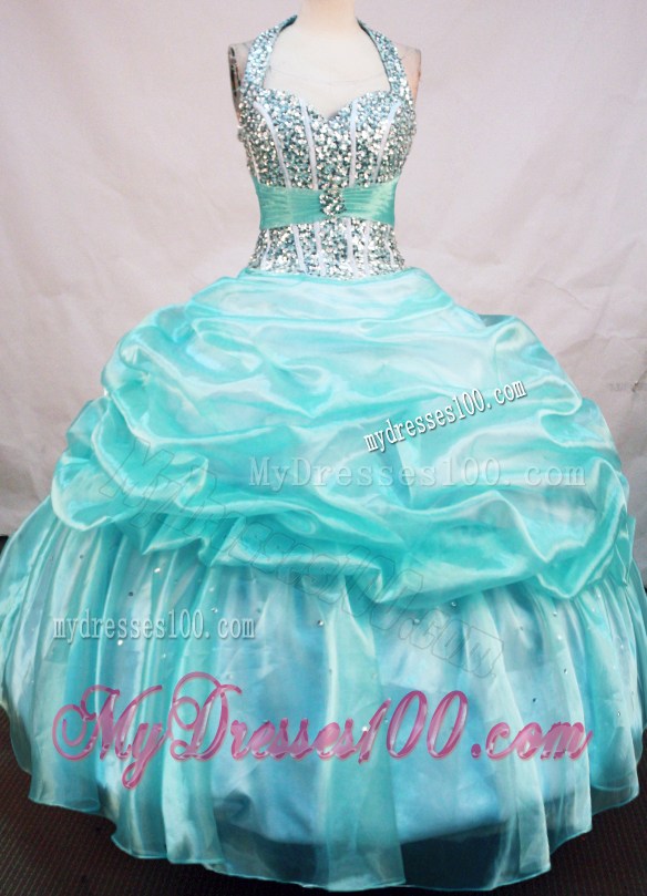 Light Blue Halter Top Quinceanera Party Dress with Pick-ups and Beading