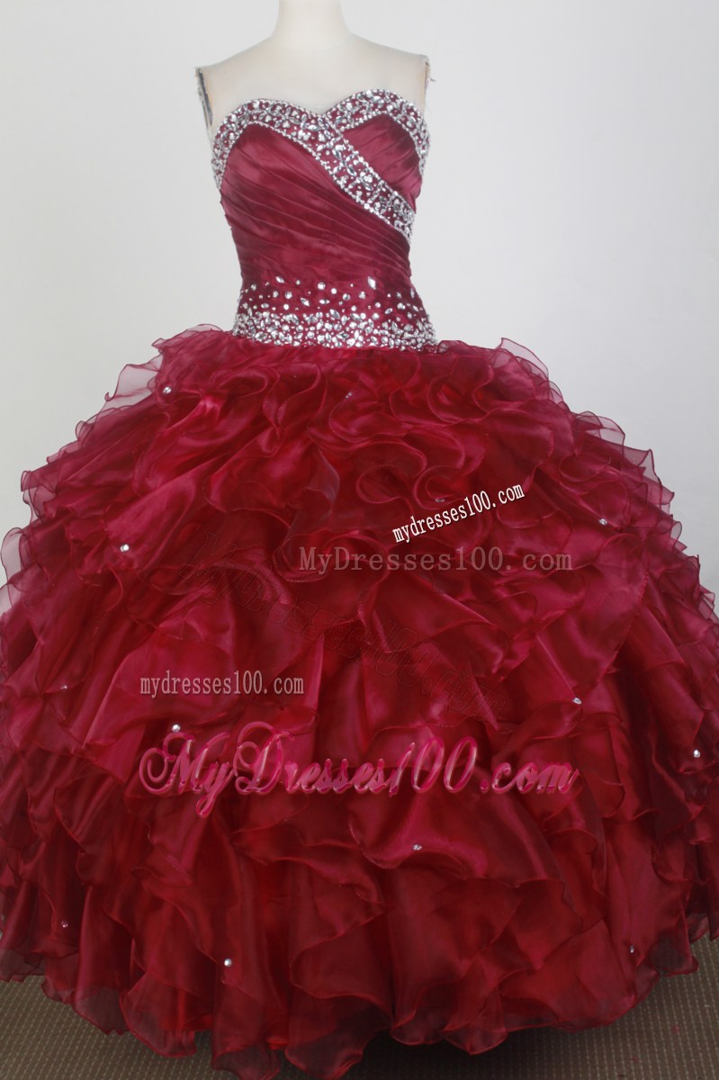 Burgundy Sweetheart Beaded Ruffles Ruching Quinceanera Party Dress