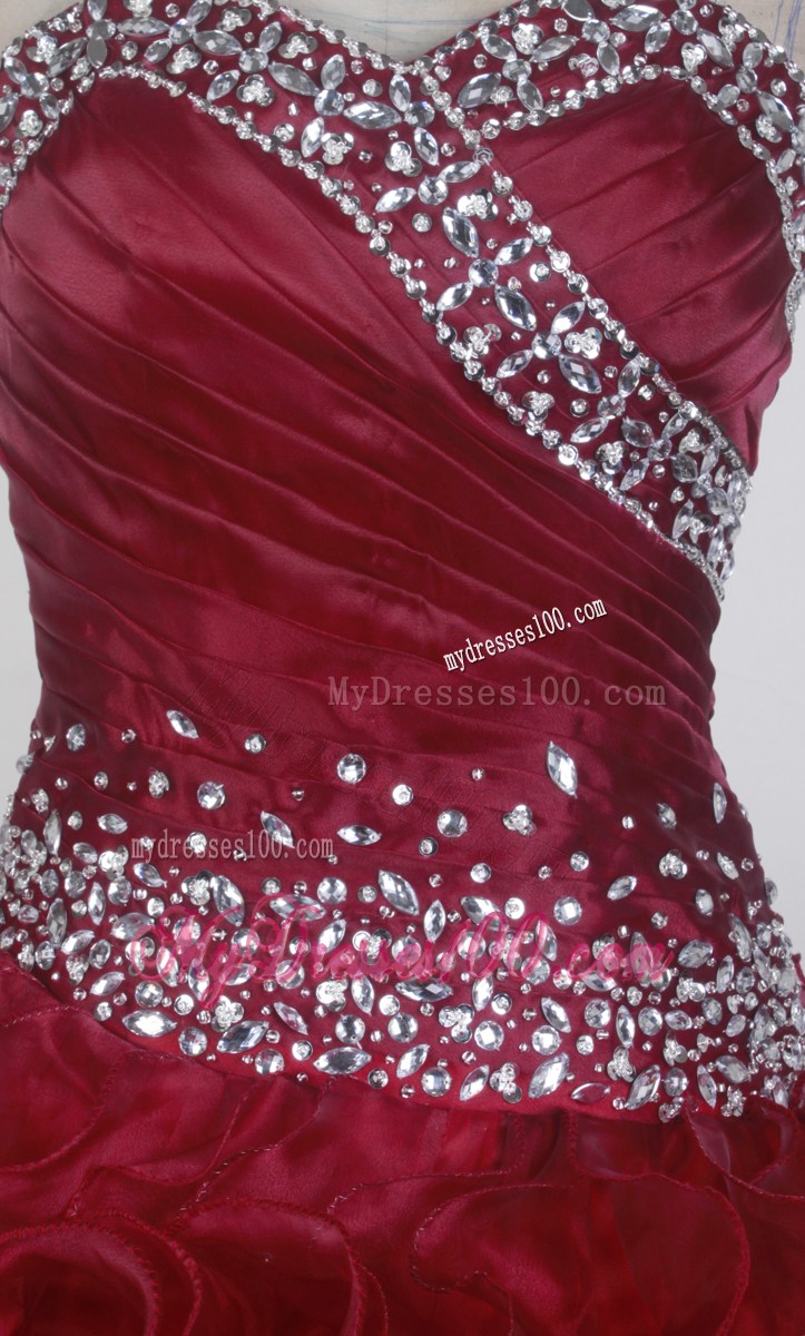 Burgundy Sweetheart Beaded Ruffles Ruching Quinceanera Party Dress