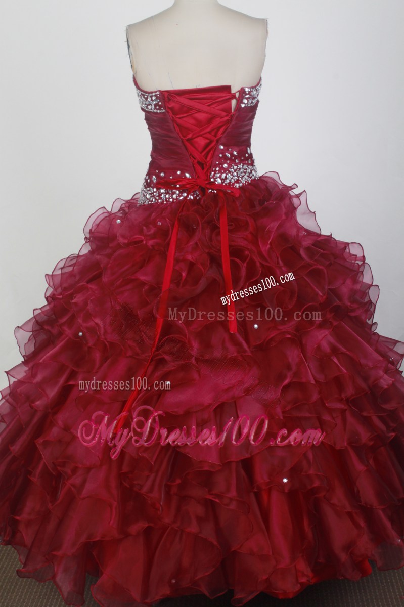 Burgundy Sweetheart Beaded Ruffles Ruching Quinceanera Party Dress